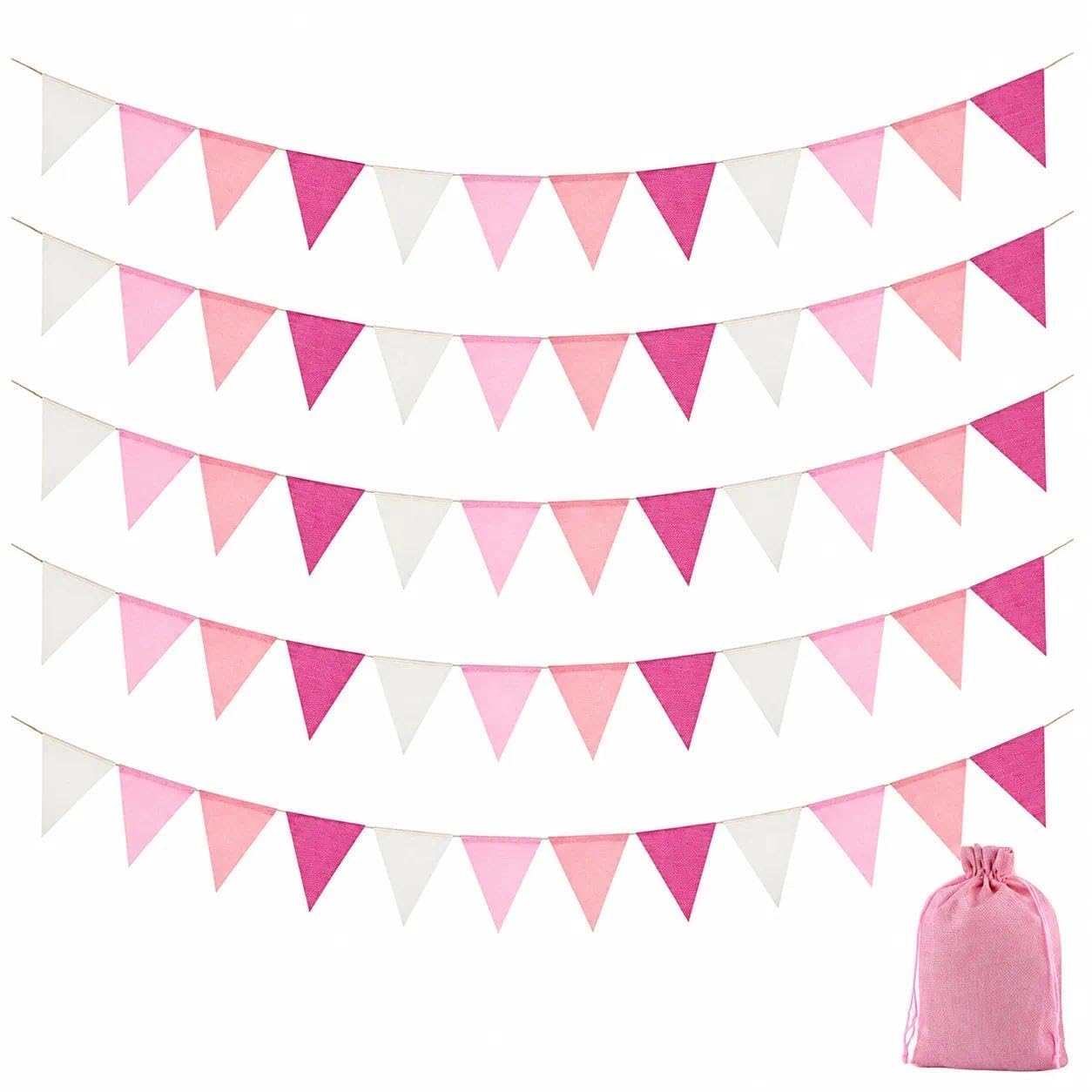 60PCS Pink Bunting Garland, 20M Fabric Party Flags