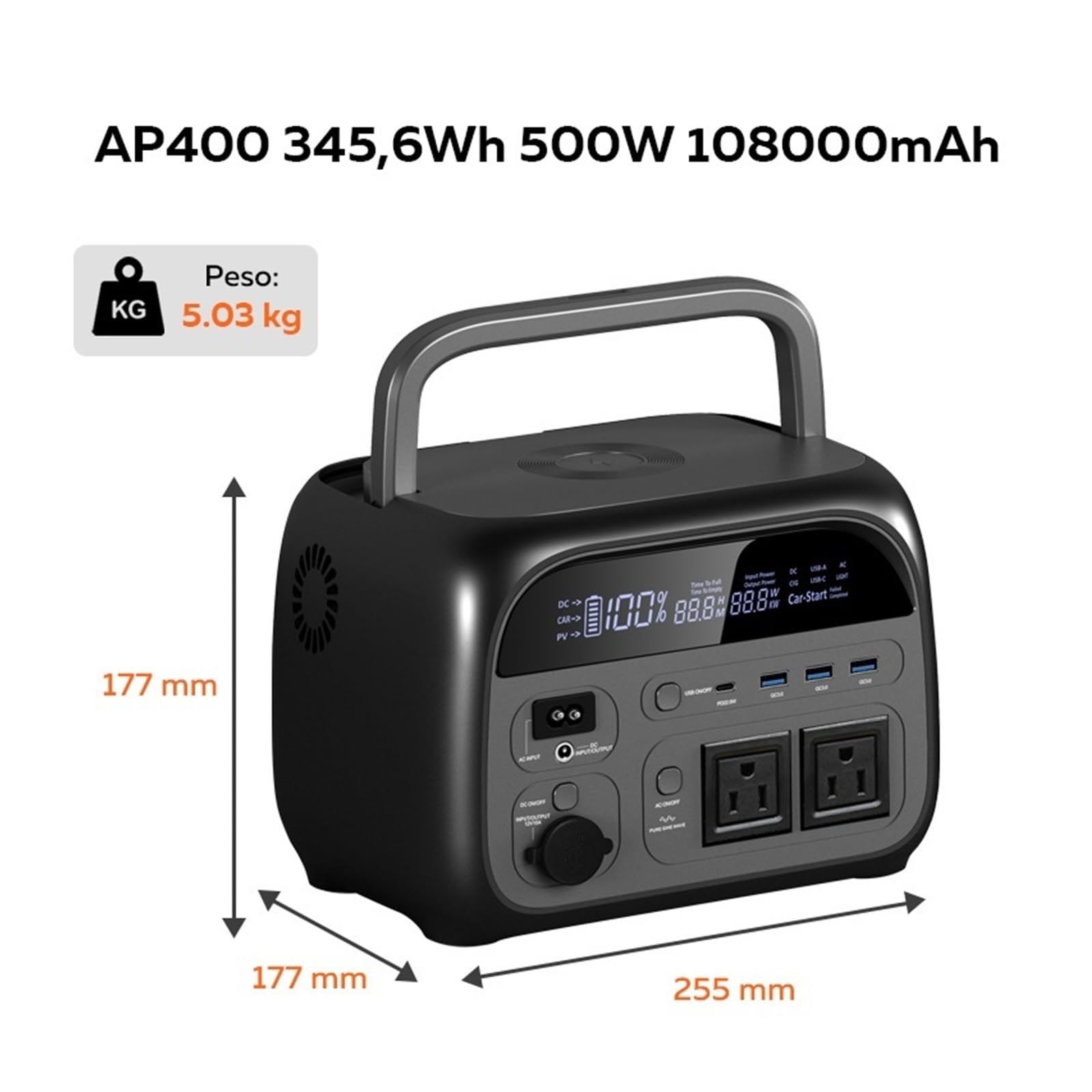 AP400 – Centrale Électrique Portable 500W, 345,6 Wh, 108000mAh, Générateur Solaire, Batterie LiFePo4, Alimentation En Stockage D'énergie AC, Camping-Car Recharge Ultra Rapide