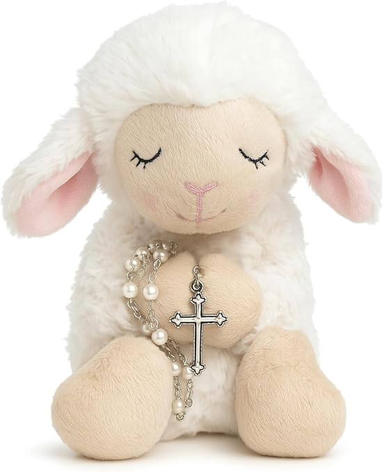 Blessed Plush Lamb with Rosary Set for First Communion, Christening, Baby Rosary Baptism Gifts for Girl, Catholic Baptism Gifts for Boys 8.5 inches