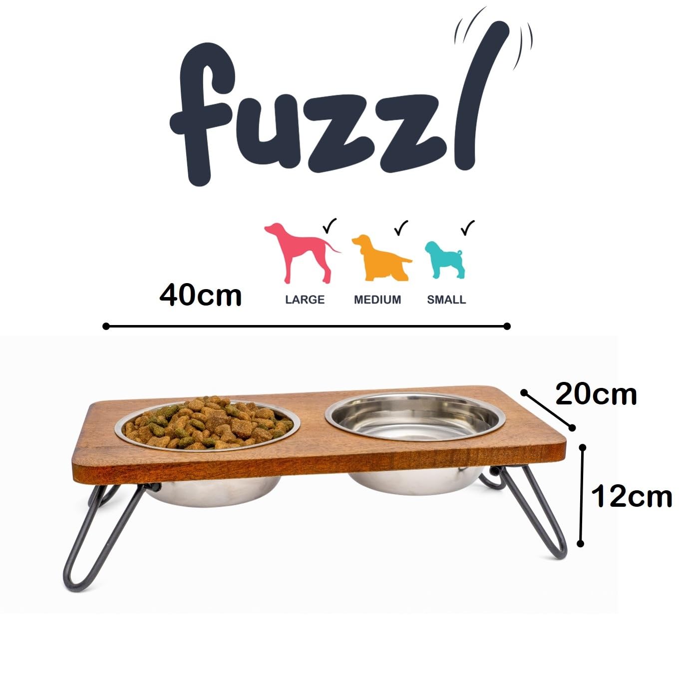 Fuzzl Gamelle surélevée pour chien avec support en bois dur élégant – Acier inoxydable ultra propre – Bol surélevé pour une meilleure posture et digestion – Gamelle d'eau polyvalente pour chien pour