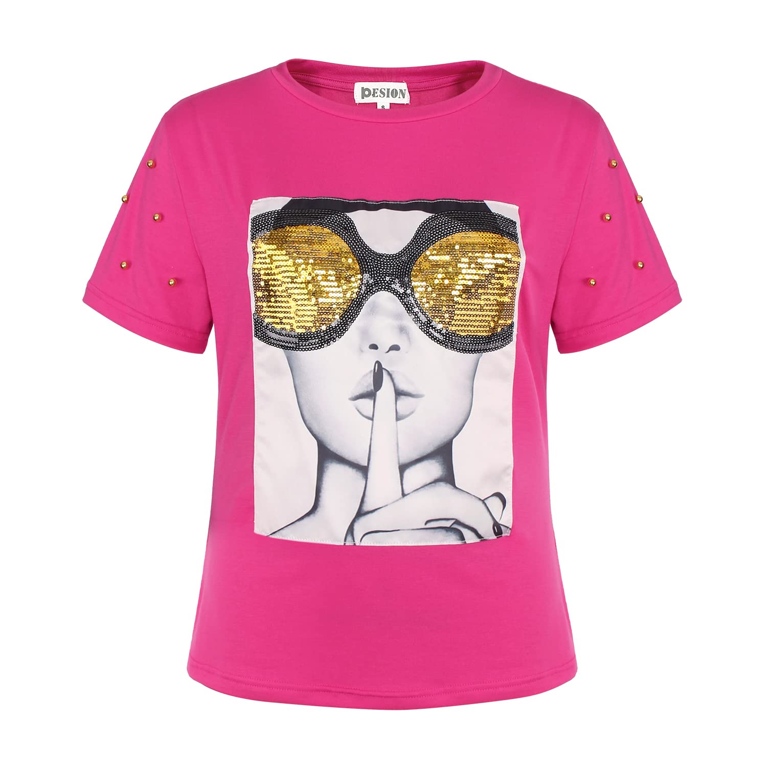 PESION Womens Short Sleeve T-Shirt Sequined Tops O-Neck Funny Graphic Tees Blouse, Pink, Small