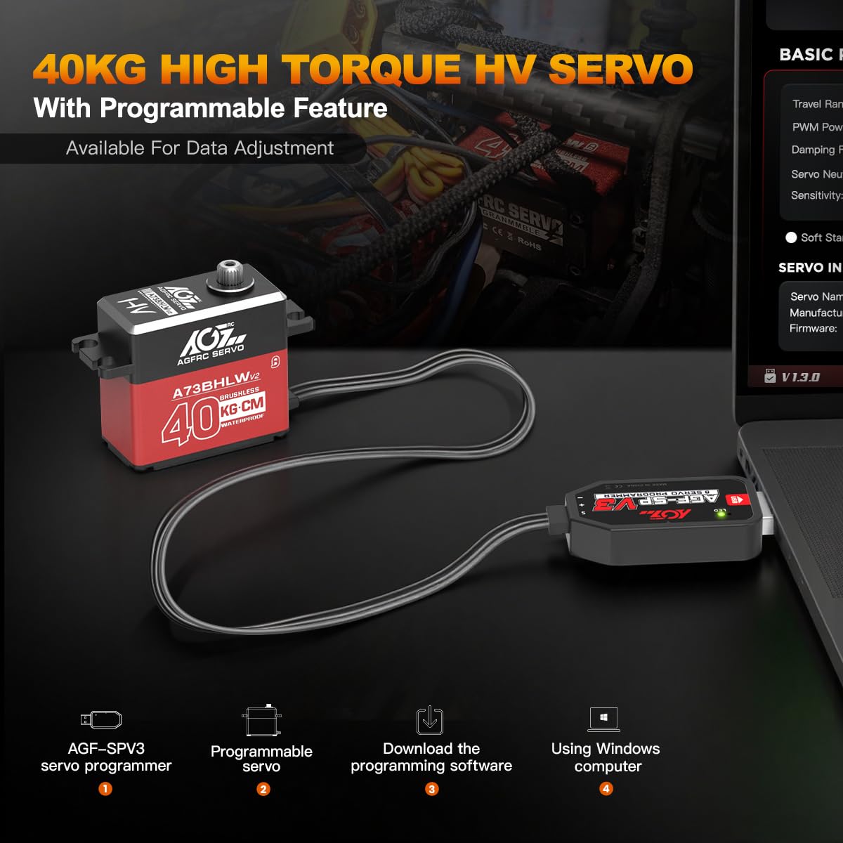 AGFRC A73BHLW V2 40KG IP67 Waterproof Brushless 110 RC Servo | Full Metal Gears HV Programmable Digital Servo with 25T Metal Horn Ideal for 110 RC Cars Boats & Crawlers product thumbnail 5