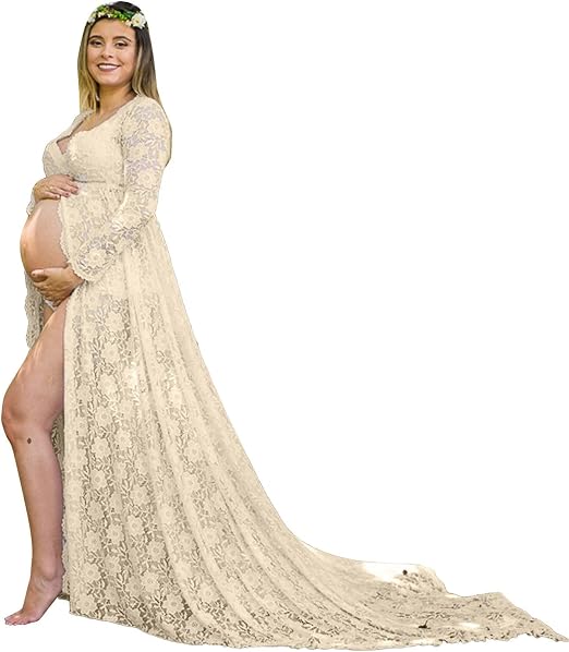 Vuncio Robe longue de grossesse en dentelle col V style bohème