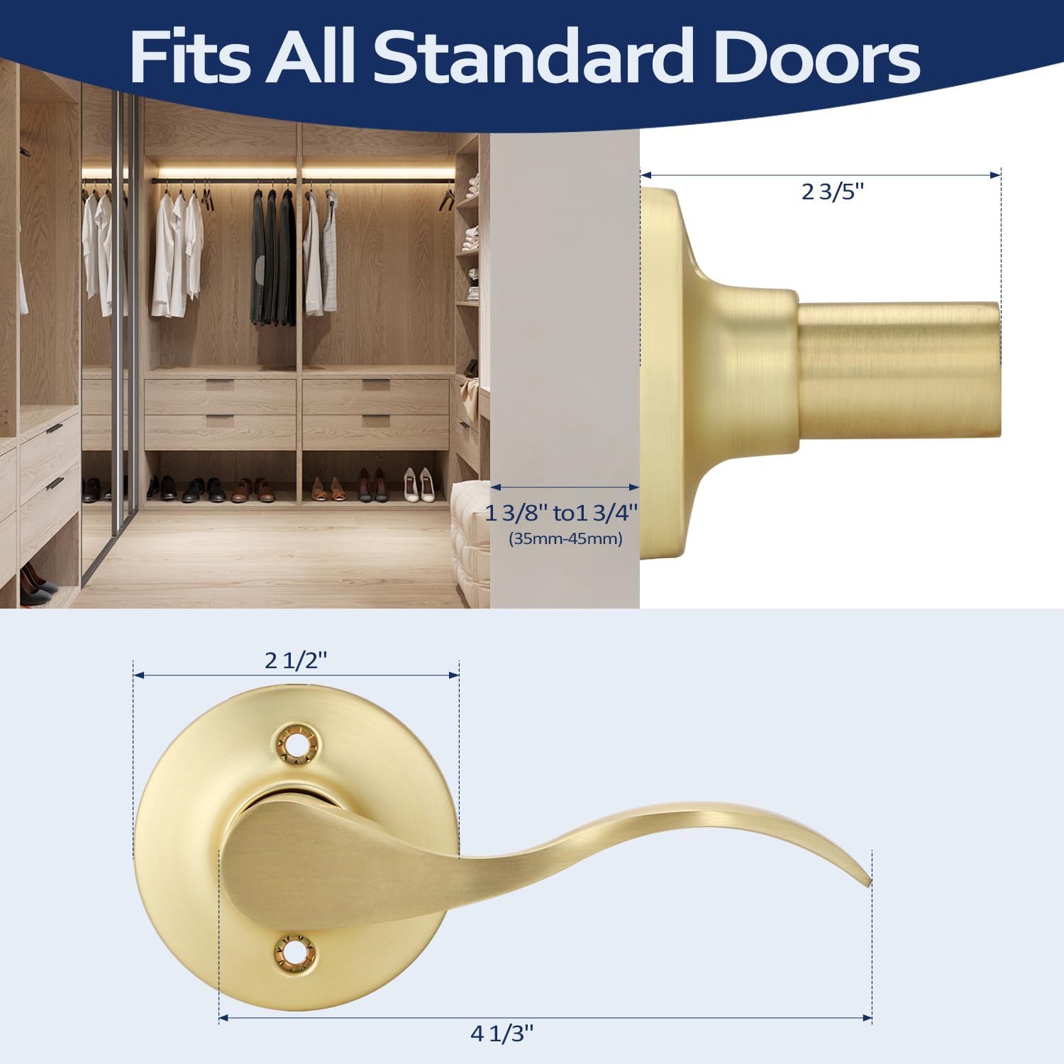 3 Pack Satin Brass Door Knob, Dummy Door Lever, Interior Door Handles for Closet, Keyless and Lockless, Gold Door Handles for Right Side Door, Modern Wave Style