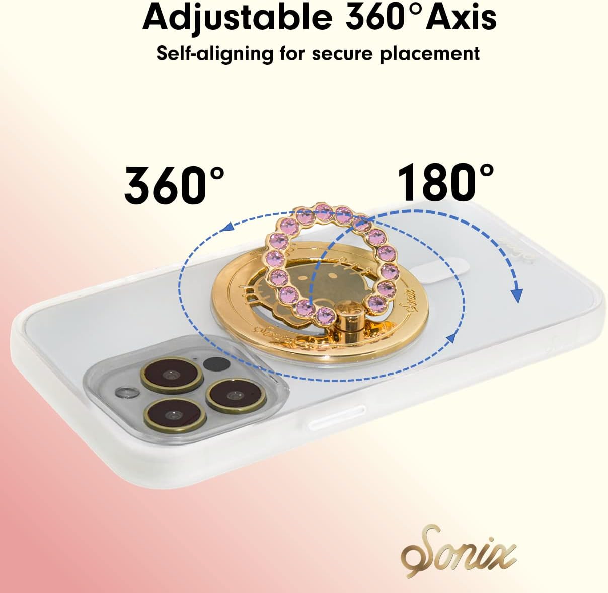 Sonix x Sanrio Magnetic Phone Grip and Phone Ring Holder - Compatible with MagSafe - Rotatable Kickstand and Phone Holder for iPhone 16, 15, 14, 13, 12 Series - Hello Kitty | Pink Rhinestone - Image 5