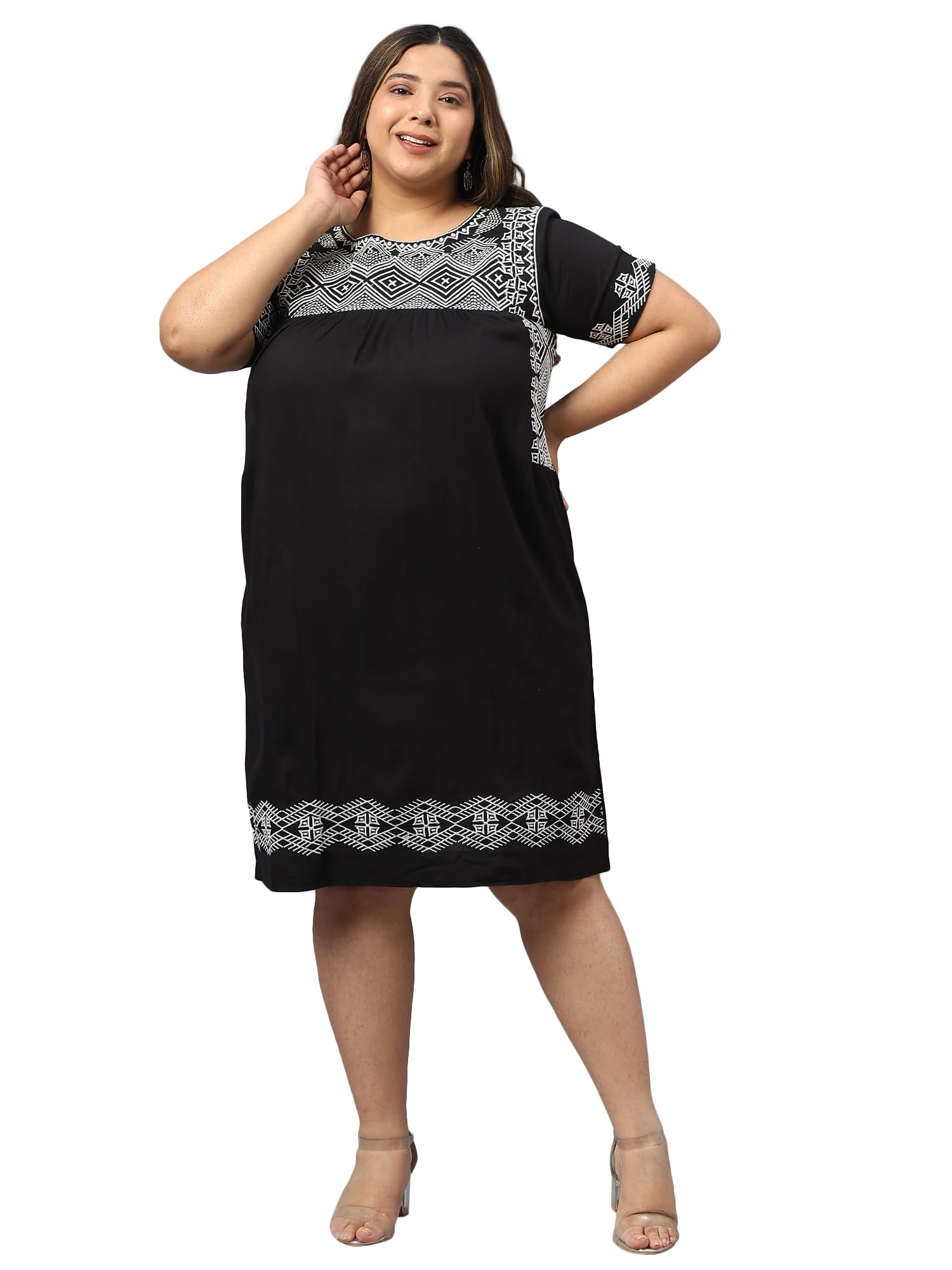 SAAKAAWomen's Rayon Black Embroidery Mini Bodycon Dress (Plus Size)