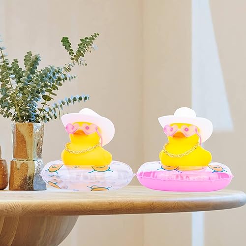 Miniatura 7 de MuMyer Adornos de pato amarillo para automóvil, decoración de tablero de automóvil con gafas de amor, mini anillo de natación, sombrero de sol,