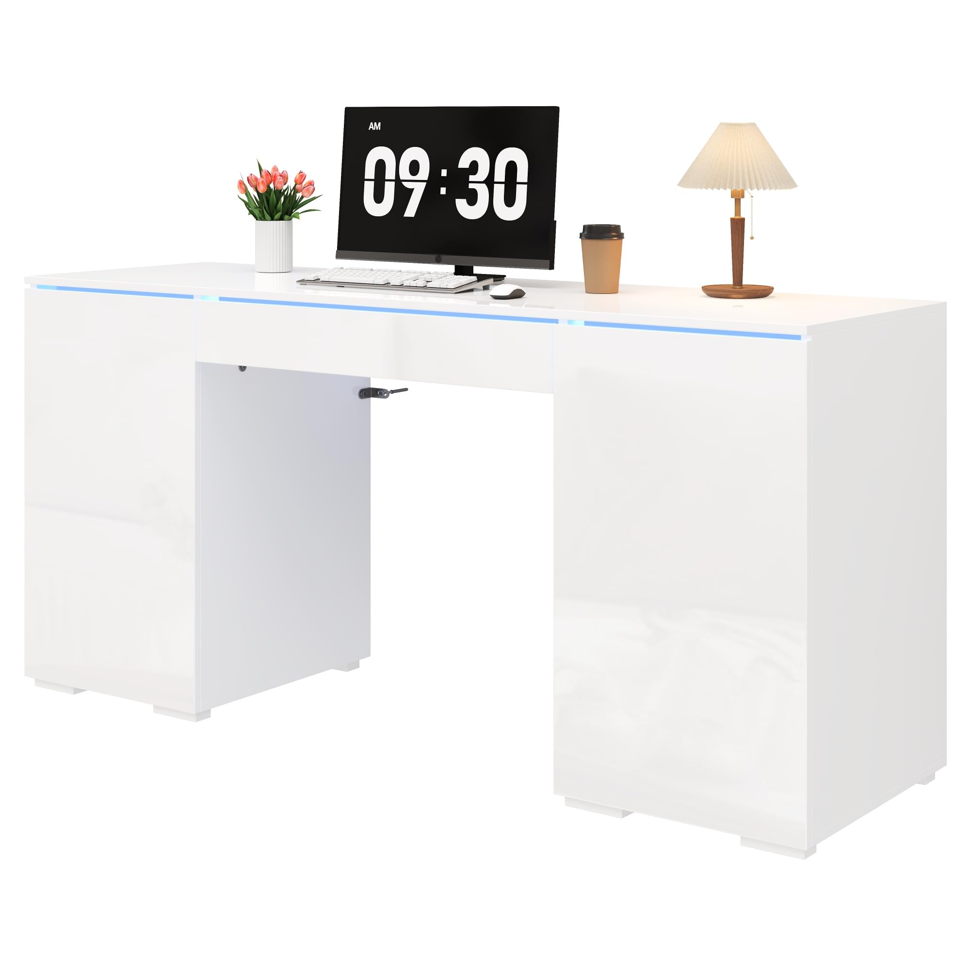 Escritorio, 50 x 78 x 120 cm, blanco, 1 cajón y 2 puertas, moderno escritorio para ordenador con superficie de trabajo extragrande, tocador con espacio de almacenamiento