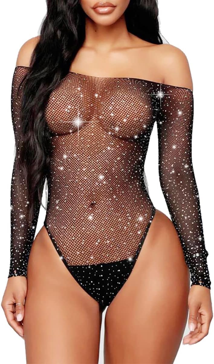 Women Sexy Mesh Bodysuit Fishnet Sparkle Rhinestone Teddy Lingerie Halloween Rave Sheer Outfit