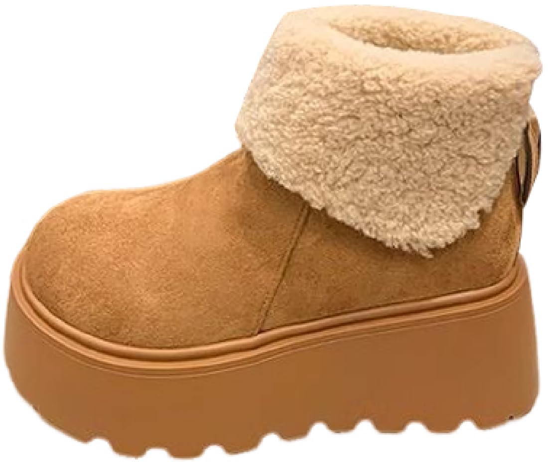 kiobrvhe Women Waterproof Faux Suede Mid-Calf Snow Boots Winter Snow Boots Anti-slip Thick Sole Fur Warm Lining Shoes