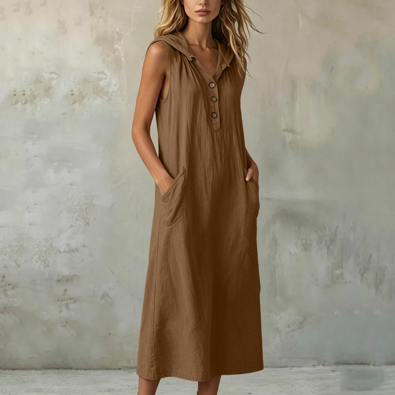 Generico Vestiti Estivi Donna Lunghi Lino Vestiti Cotone Scollo a V Morbidi Vestito Largo con Bottoni Abito Estivo Tinta Unita Comodo e FLuidi Vestito Mare Taglie Forti Abito Curvy Estate Mare