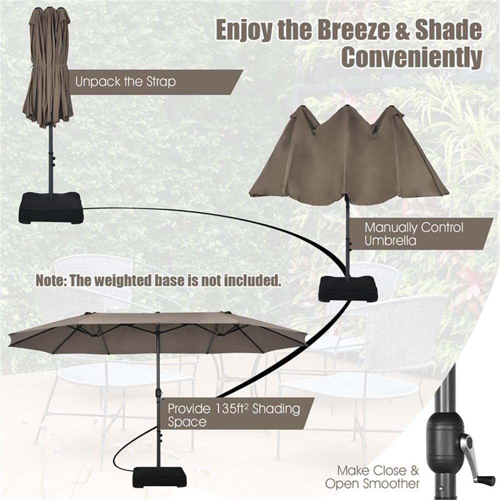 Pemberly Row 15FT Patio Double-Sided Umbrella, Brown Polyester Canopy, UV Protection, 12-Rib Metal Frame, Crank Mechanism, Air Vents, Outdoor Shade for Patios, Gardens, Residential or Commercial