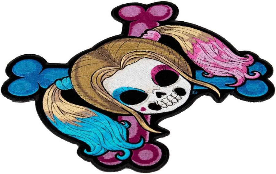 PatchStop Skull Bones Pigtails Pink Blue Iron On Patches for Clothing Jeans - 8.75x8.5in Large DIY Sew On Back Patch for Jackets Bags - Embroidered Decorative Girly Skull Patches