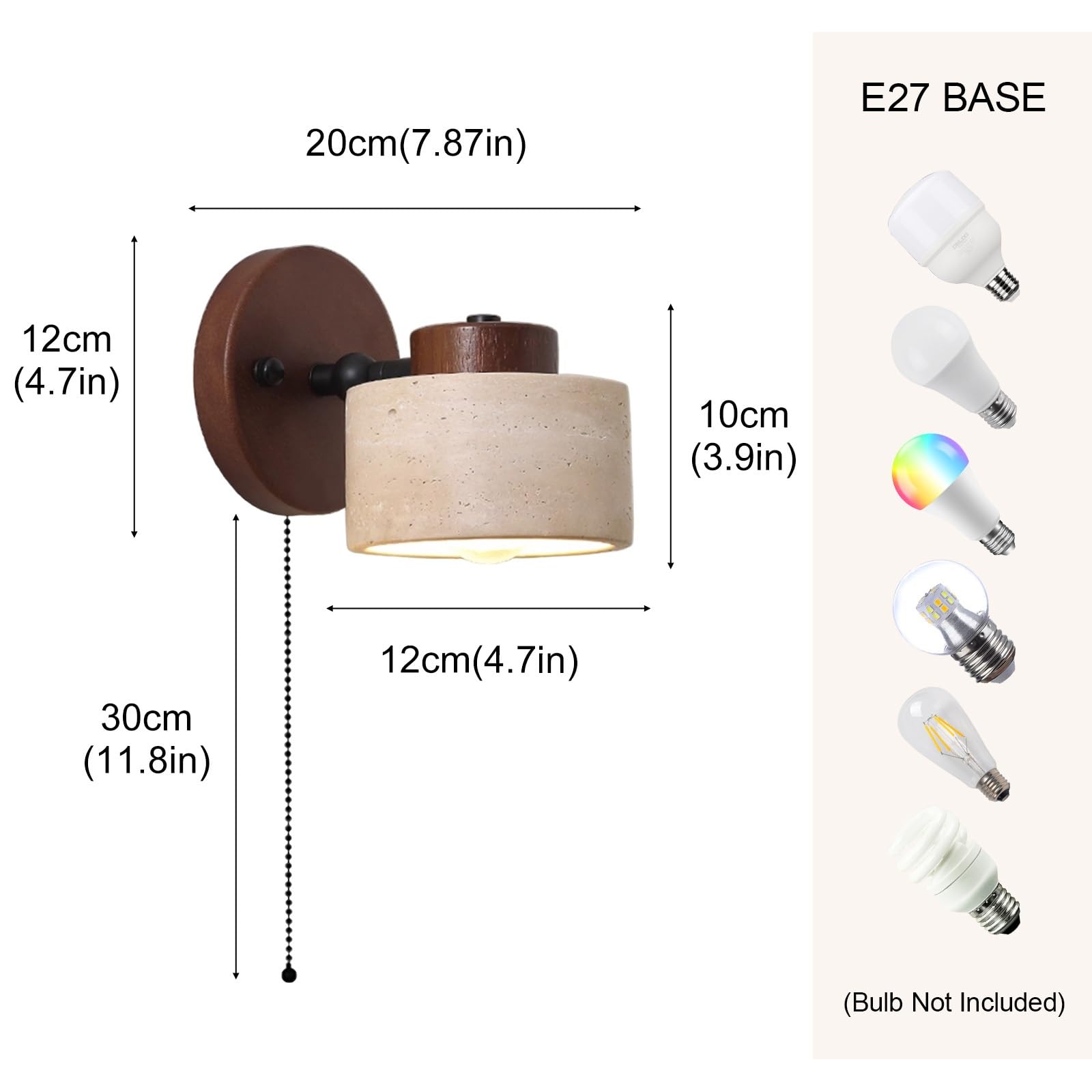 Żółta lampa ścienna z trawertynu, japoński styl oświetlenia artystycznego wabi-sabi, kinkiet ścienny z naturalnego kamienia z drewnianą podstawą i włącznikiem pociąganym(Walnut color)