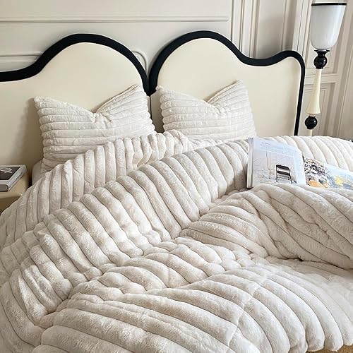 Miniatura 8 de chovy Juego de edredón de felpa de pelo blanco a rayas de conejo sintético, tamaño Queen, ultra suave, lanudo terciopelo de franela esponjoso, juego