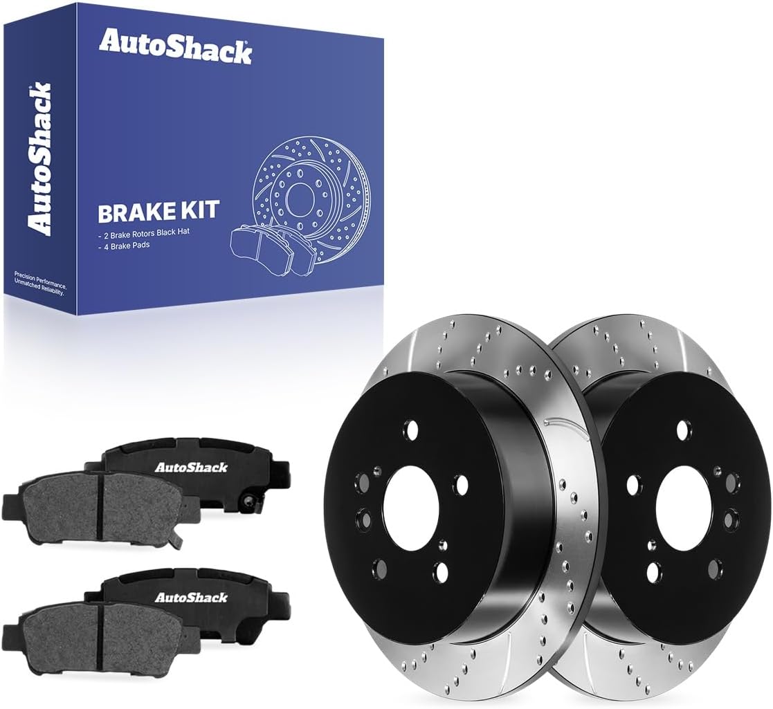 AutoShack Rear Solid Drilled & Slotted E-Coated Brake Rotors + Ceramic Pads 6-PC Brake Kit Replacement for 2004-2010 Toyota Sienna ShadowGuard 11.45" (290.8 mm)