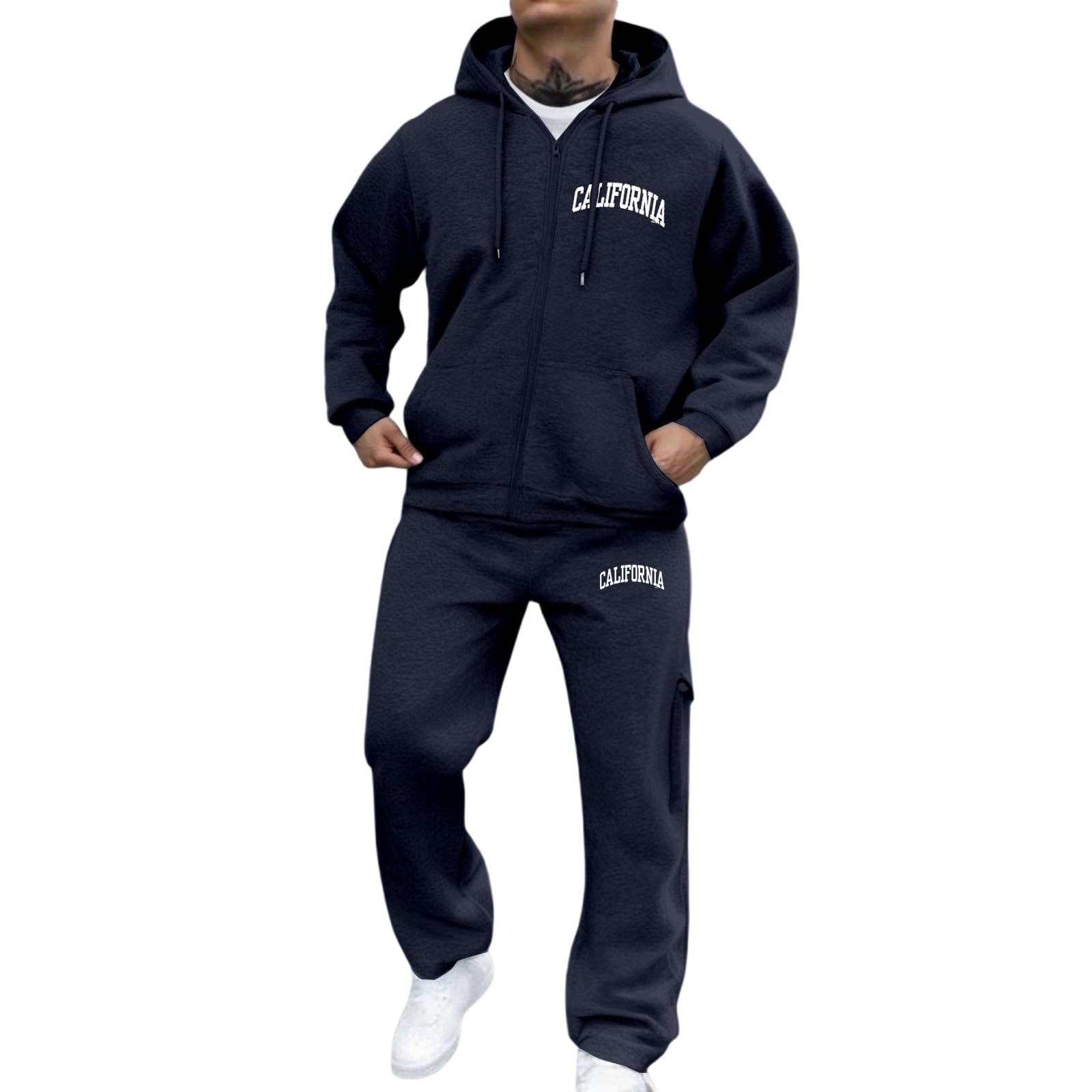 Generisch Joggingpak voor heren, capuchontrui joggingbroek, effen, ritssluiting, trainingspak, huispak met letterprint, met zakken, sportpak