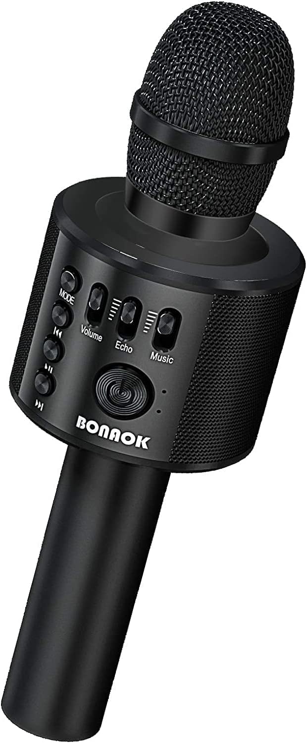 BONAOK Bluetooth Karaoke Mikrophon Erwachsene, Tragbares 3 in 1 Karaoke Mic, Handmikrofon Home Geburtstagsgeschenk Party Mikrofon für iPhone, für Android, für PC, für Smartphone (Schwarz)