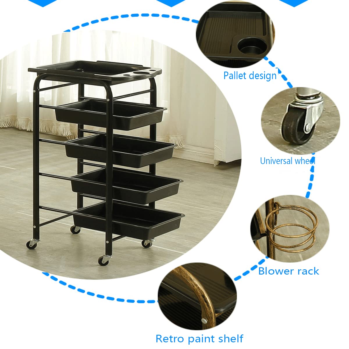 Carrello Parrucchiere con 5 Cassetti con Vassoio,Trolley di Metallo Stoccaggio con Ruote,per Barbiere Estetista Massaggi Belleza Tatuaggi Manicure Nero