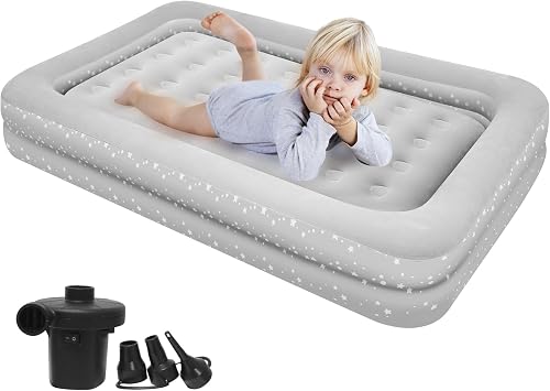 Air Mattress for Kids 4-7 Years - Toddler Travel Bed with Built-in Pump, Sides for Safety, Ultra Soft Plush Surface - Portable Kids Sleeping Pad for Camping, Hotels, Sleepovers & Grandparents House