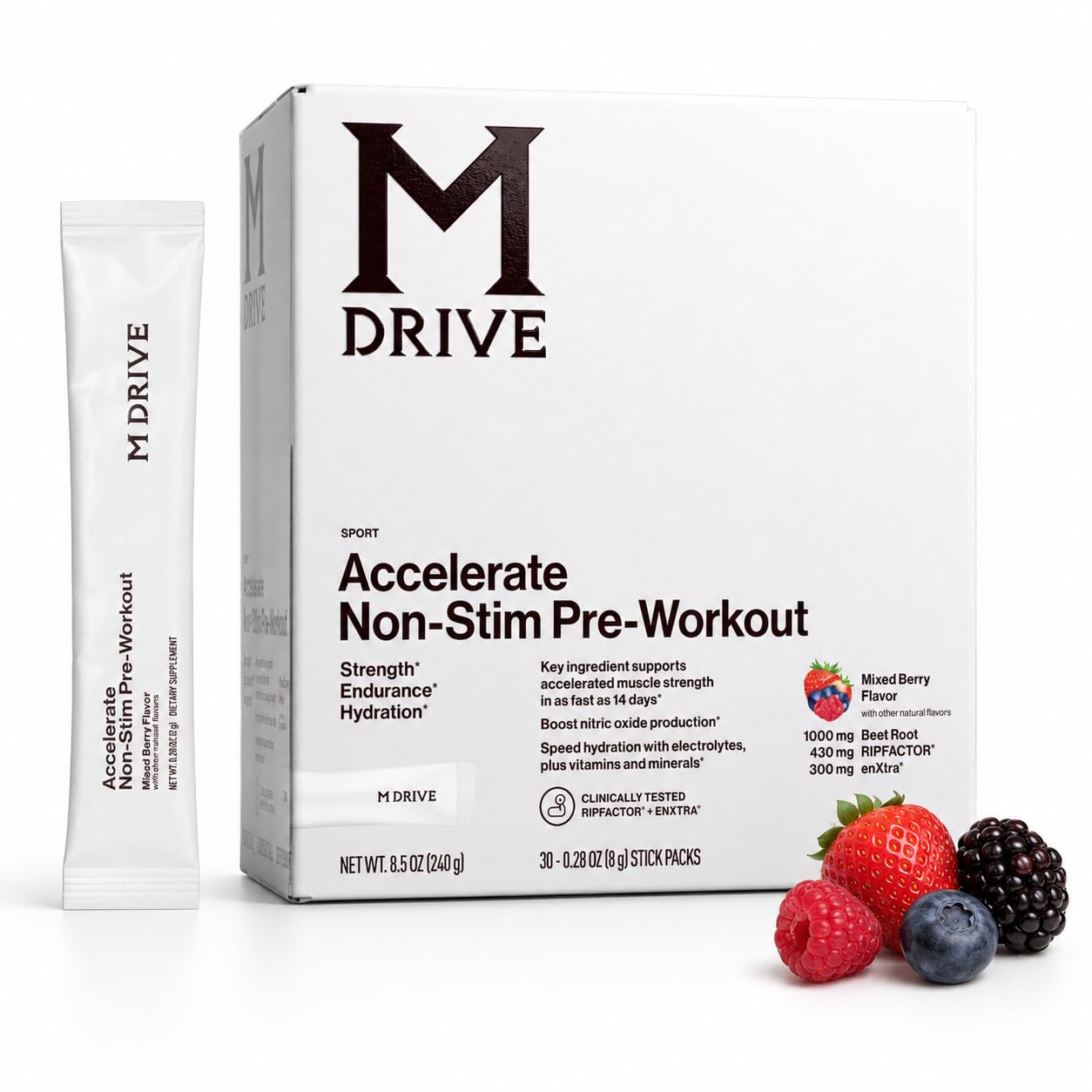 M Drive Pré-treino sem estimulantes com RipFACTOR e EnXtra, 8 g, 30 sachês