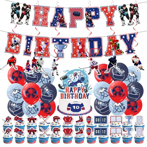 Image of Hockey Birthday Decoration Set, Ice Hockey Sport Happy Birthday Banner, Party Supplies with Banner, Hanging Swirl, Balloon, Cake Topper, Cupcake Topper