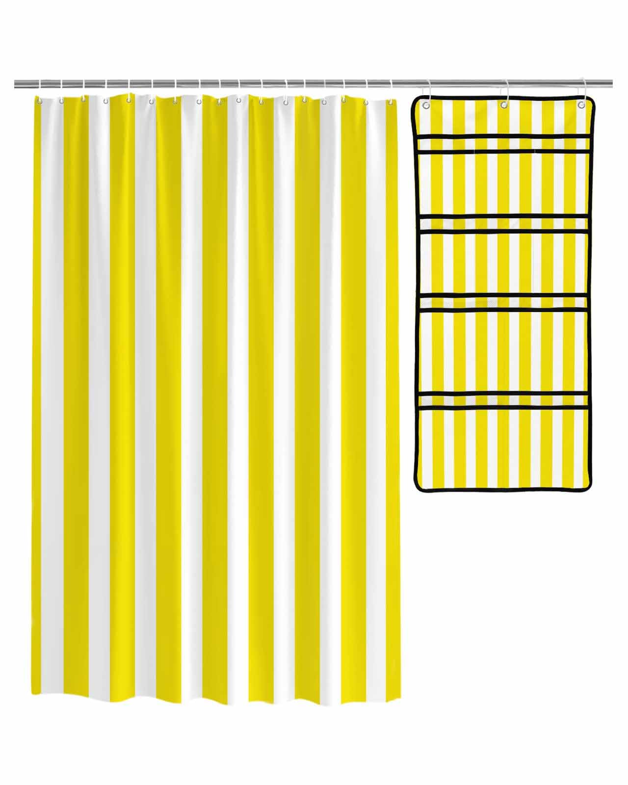 ZFUNCING Shower Curtain Mesh Shower Organizer Set Modern Yellow Vertical Stripe Waterproof Bath Curtains Hanging Shower Caddy Bathroom