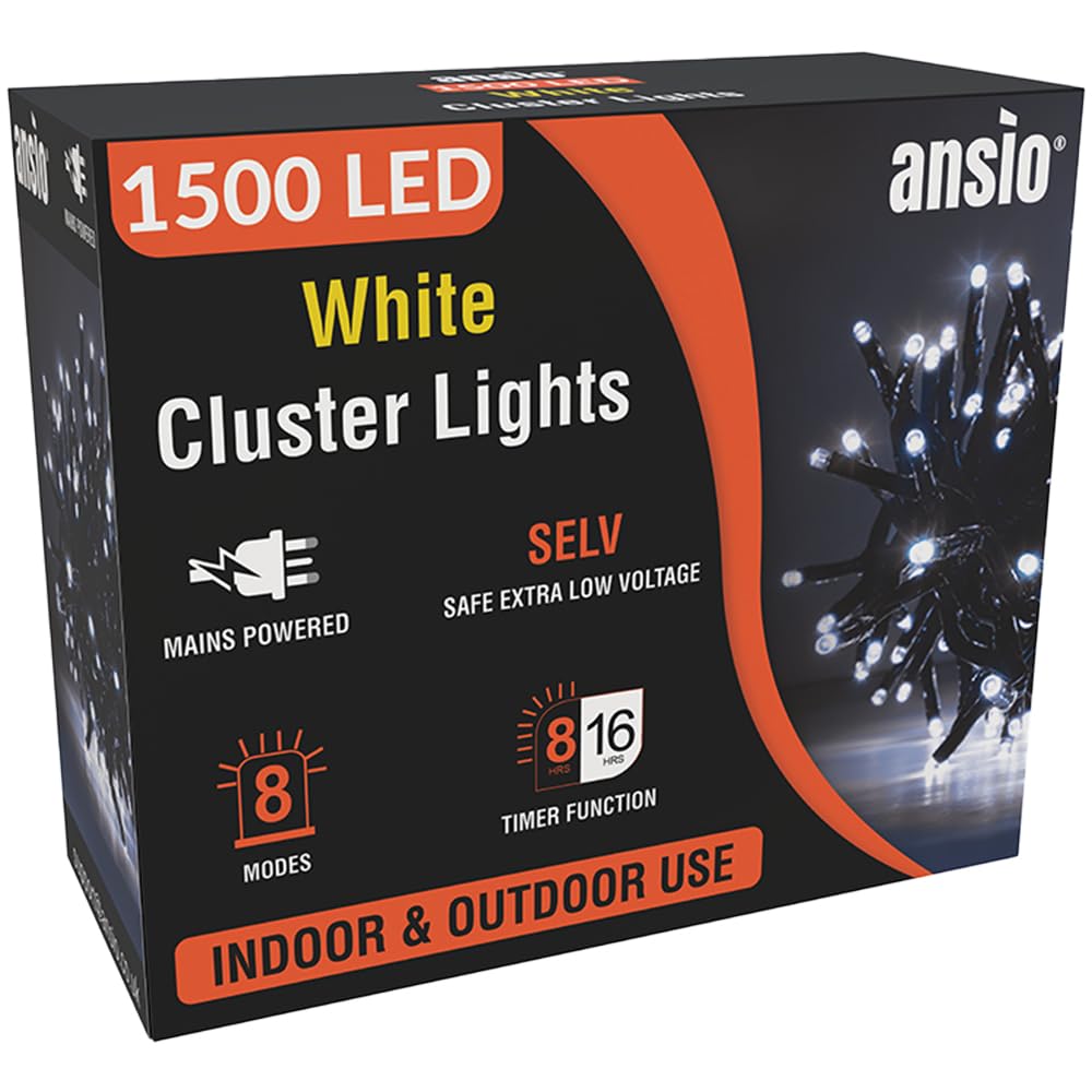 Ansio Cool White Ansio® Christmas Lights 1500 Led 18M/59Ft Cluster Christmas Tree Lights For Indoor & Outdoor Decorations Fairy Lights With Timer For Xmas Garden Bedroom & Party | Mains Powered Green Cable…