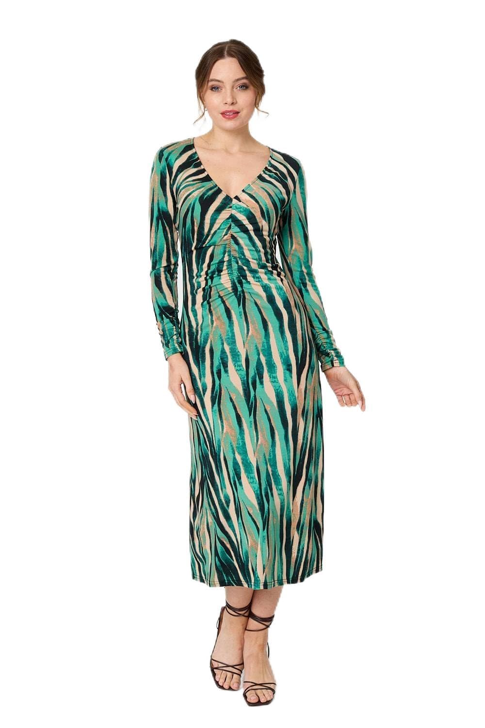 Izabel London Women's Abstract Print Ruched V-Neck Midi Dress in Green | Size: 12