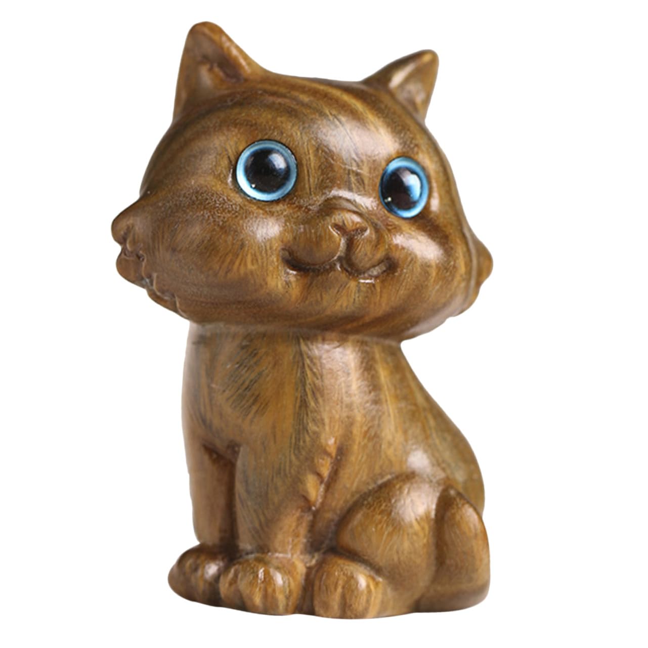 Wooden Cat Figurine Ornament Small Sitting Kitten Sculpture Hand Carved Sandalwood Statue Indoor Desktop Decoration for Living Office Study