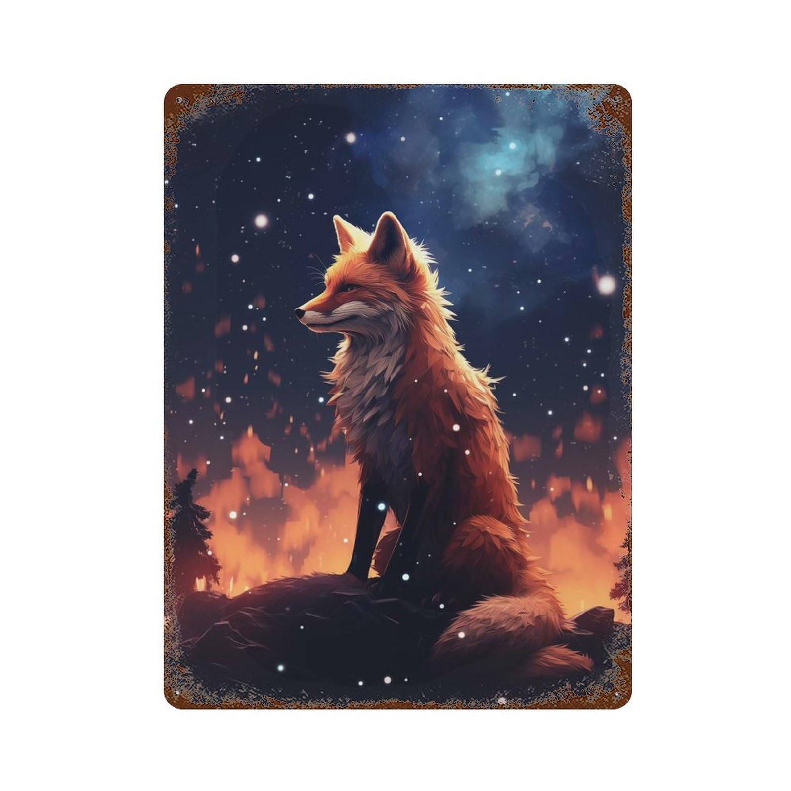 Fox In Forest 15.7"x11.8" Distressed Metal Wall Sign, Shabby Chic Decor for Shed, Workshop And Garage Wall Decor