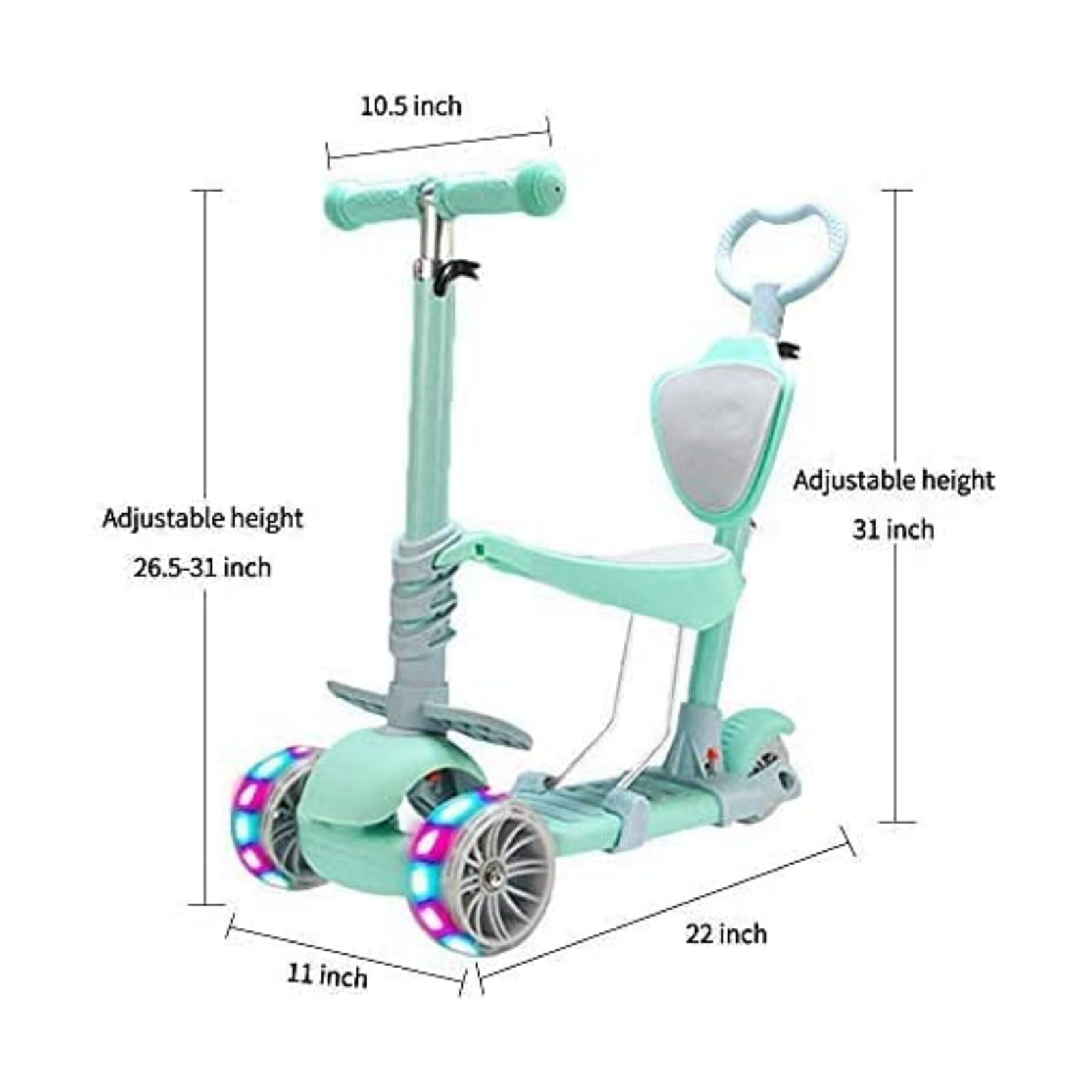 5-in-1 Kinder Roller Scooter Kinderoller Kinderscooter mit PU Räder, Abnehmbarem Sitz, 4 Höhenverstellbare, Bequeme Rückenlehne, Faltbarer Kinderroller für Mädchen Jungen 3-6 Jahre