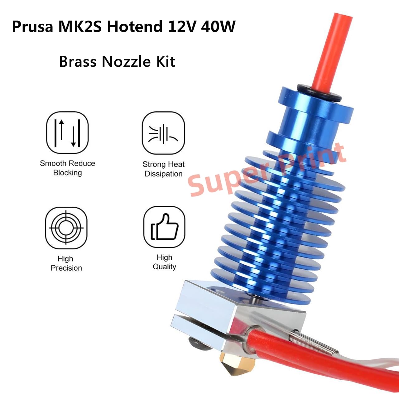 Super Print Upgrade Prusa i3 MK2 Hotend 12 V, 40 W, Upgrade V6 Bi-Metal Heatbreak, Grzejnik aluminiowy V6, mosiężna dysza 0,4 mm do Prusa i3 MK2, MK2, MK2.5, MK2.5S 3D Printer for V6 Hotend Kit.