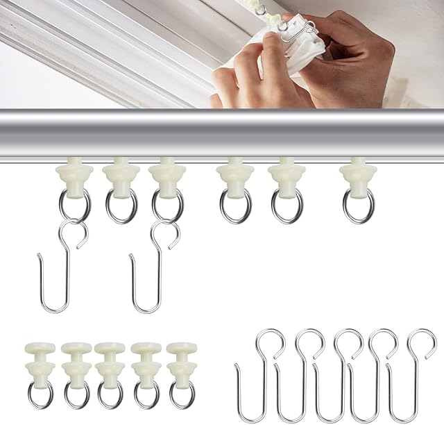 EMAGEREN 35 Pcs Curtain Hooks Curtain Track Glider Hooks Metal Shower Curtain Rings S-Shaped Curtain Hooks Drapery Hook Pins with Bendable Curtain Track Pulley for Ceiling Curtain Drape Track