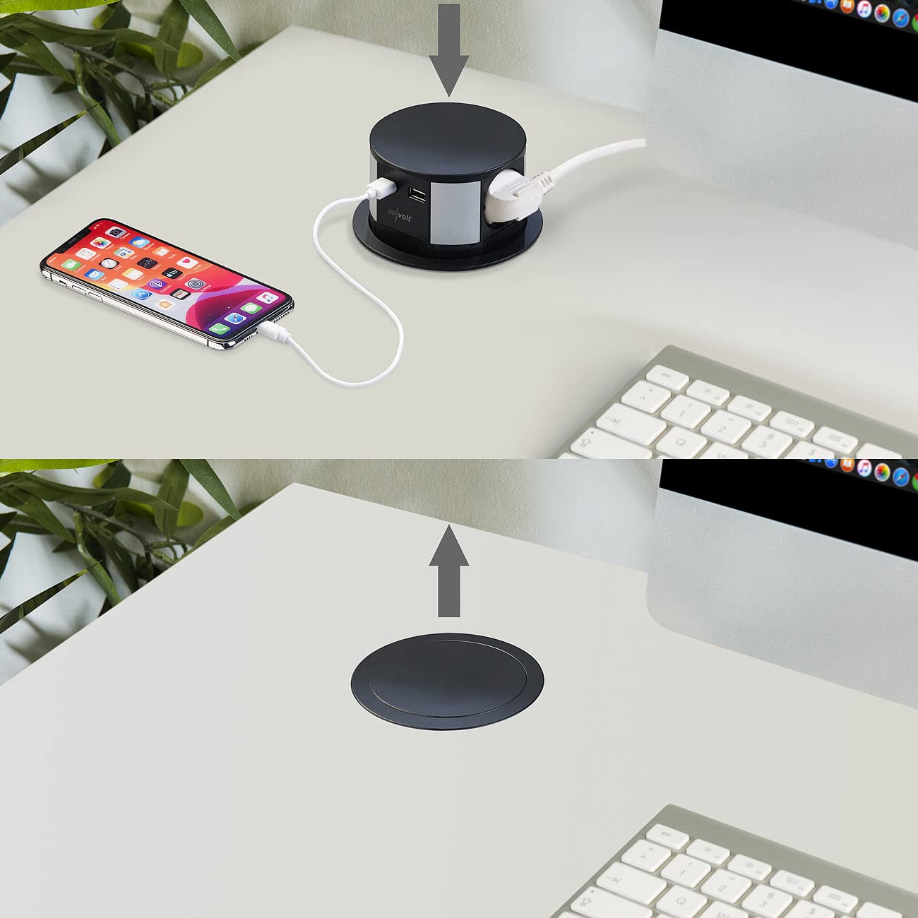 Multiprise de bureau encastrable et rétractable avec 3 prises 230V et 2 x USB [reVolt]