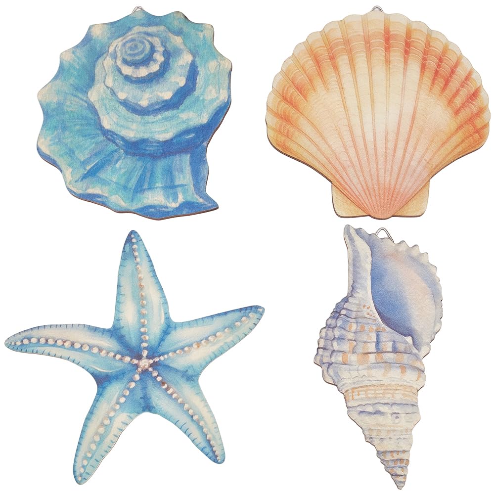 Étoile de mer et conque en bois pour décoration murale plage et mer