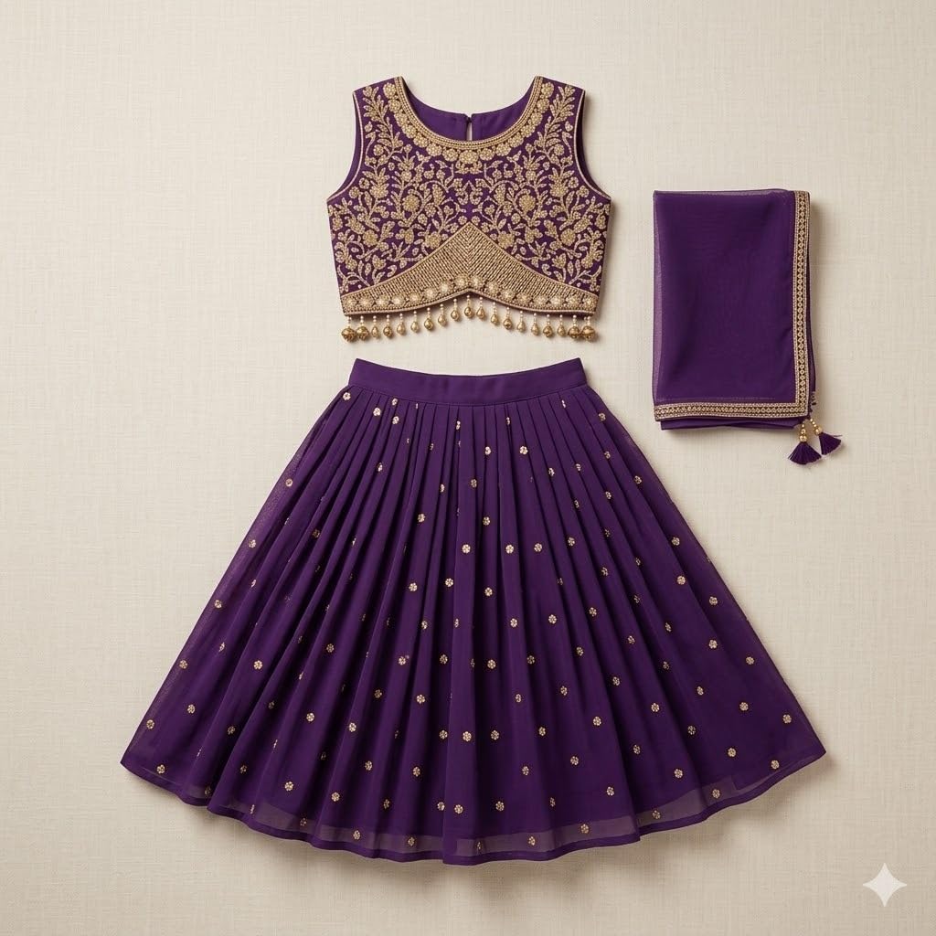 A.T.U.N. (ALL THINGS UBER NICE) Zardozi Lehenga zestaw 3-częściowy zestaw dla dziewczynek z haftem Dupatta i wyściełanym topem choli, odświętny strój etniczny