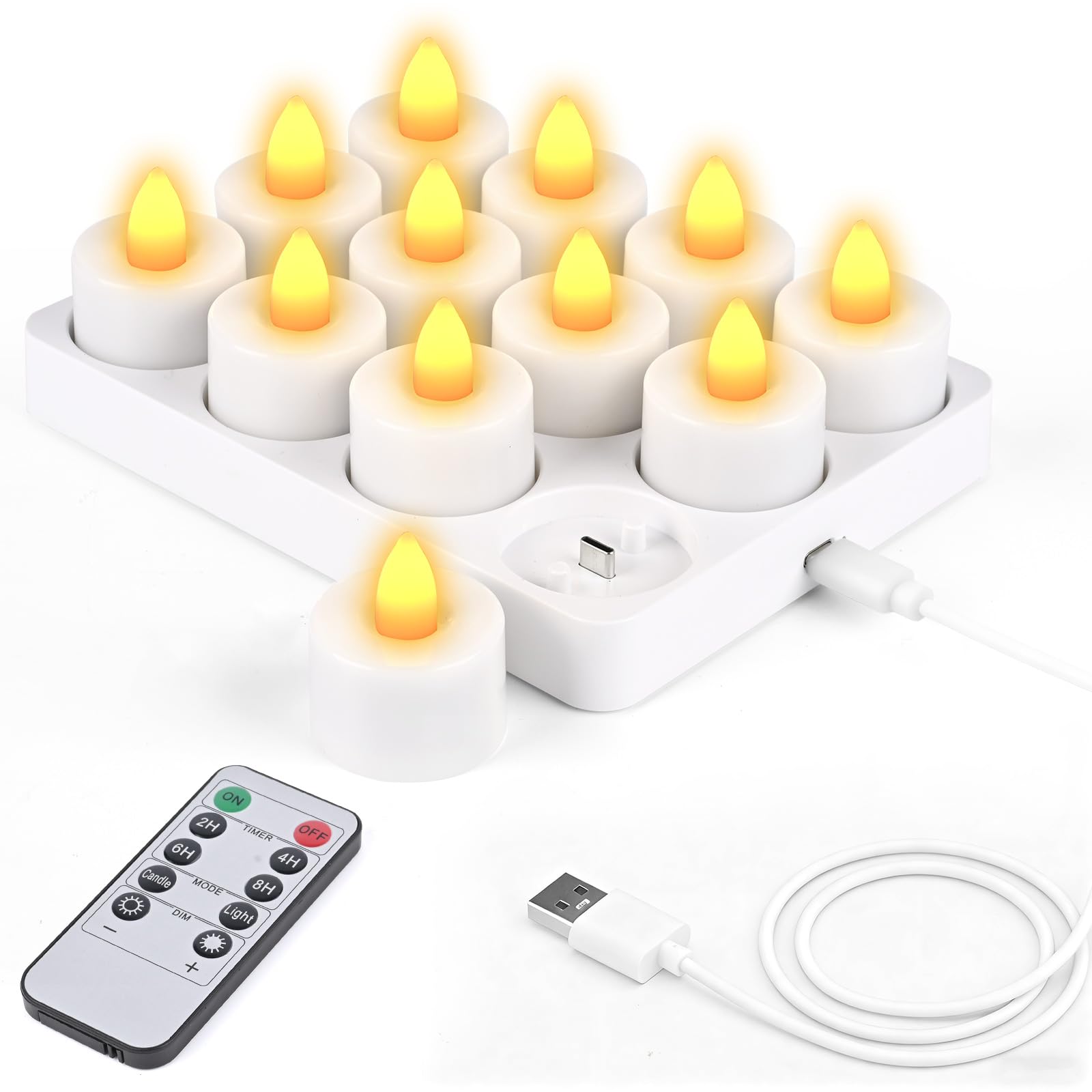 Diealles Shine Bougie LED Chauffe Plat Rechargeable, 12 Bougie LED avec Télécommande et Minuterie, Bougie Flamme Vacillante Electrique Decorative pour Deco Maison Chambre Noel Halloween Anniversaire