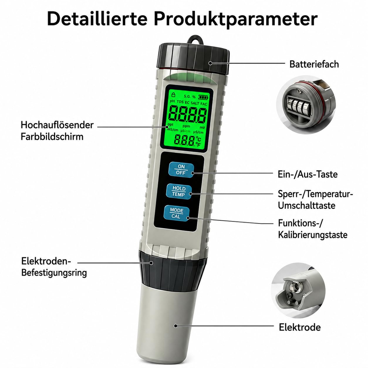 8-in-1 PH Messgerät Wasser, Pool Chlor Messgerät, Digitaler Wasserqualität Tester für pH, TDS, EC, Salzgehalt, S.G., Chlor, ORP und Temperatur, für Schwimmbad, Aquarium, Whirlpool, Trinkwasser