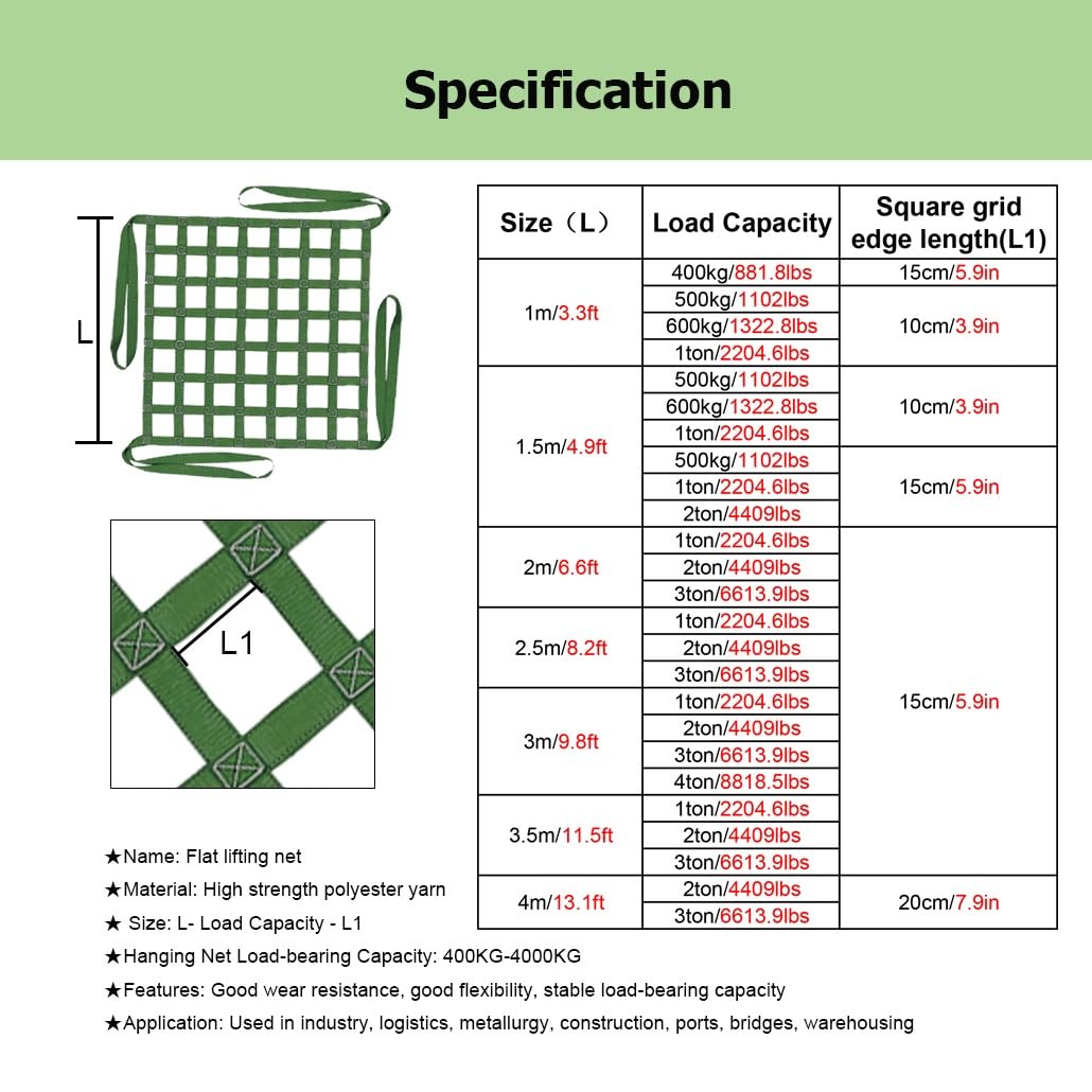 Rete di sollevamento for carichi piatti e pesanti da 1 a 4 m quadrati, rete di fissaggio in poliestere resistente agli strappi con cinghie rinforzate(2m-4409lbs-15cm)