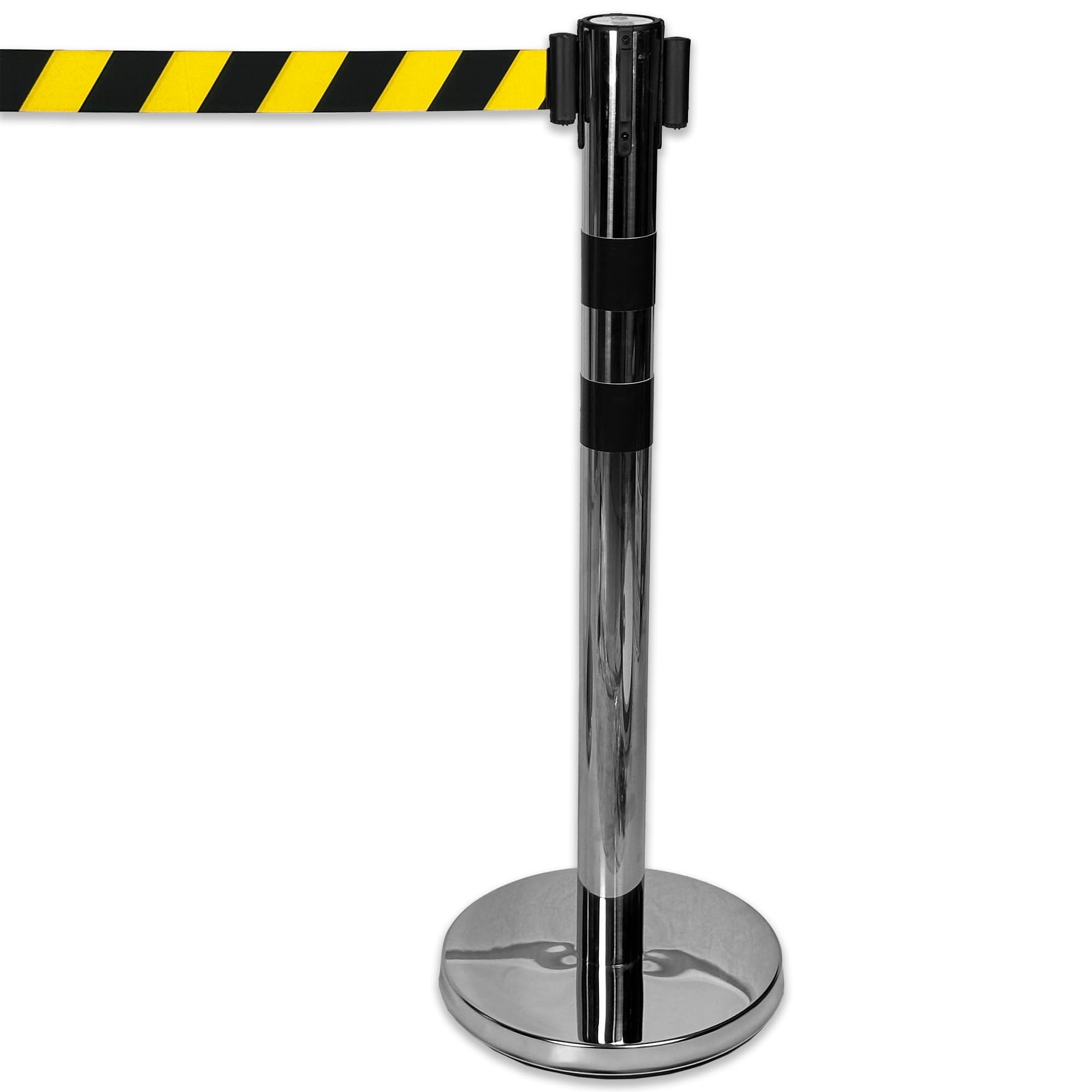 UvV BounceLine Personenleitsystem, Absperrpfosten, Edelstahl, 2 Pfosten 90 cm Hoch je 3 m Gewebeband (Stahl 8 kg (Heavy), gelb/schwarz)