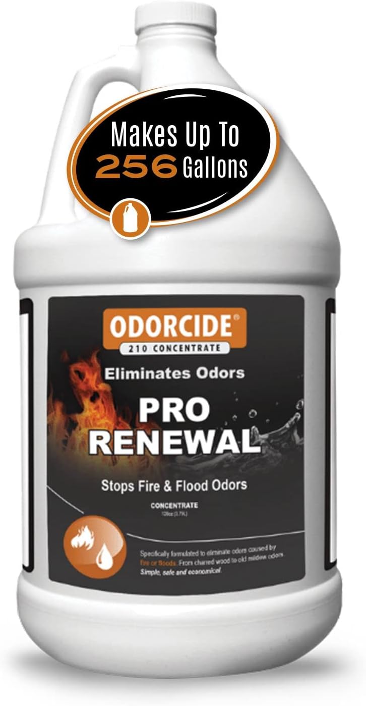 Odorcide Pro Renewal Fire & Flood Odor Eliminator Concentrate โ Smoke Odor Eliminator for Strong Odor on Walls, Carpet, Upholstery & More โ Mildew Odor Removal w/Non-Enzymatic Formula (128 oz)