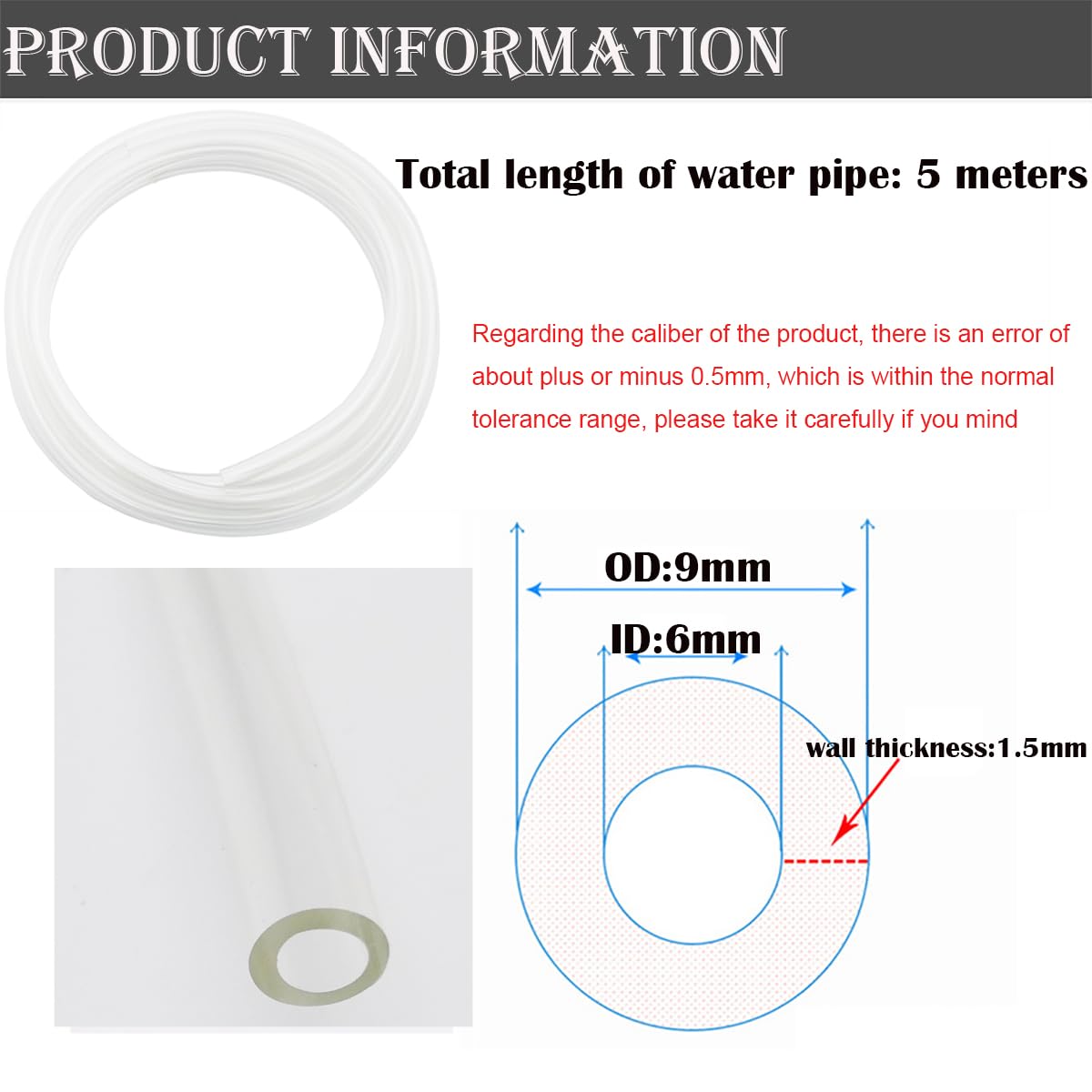 Tubo PVC, CESFONJER Tubo Trasparente di 5 Metri, Addensato Tubo Flessibile, tubo flessibile antigelo con 1 tagliatubi (diametro interno 6 mm x diametro esterno 9 mm)