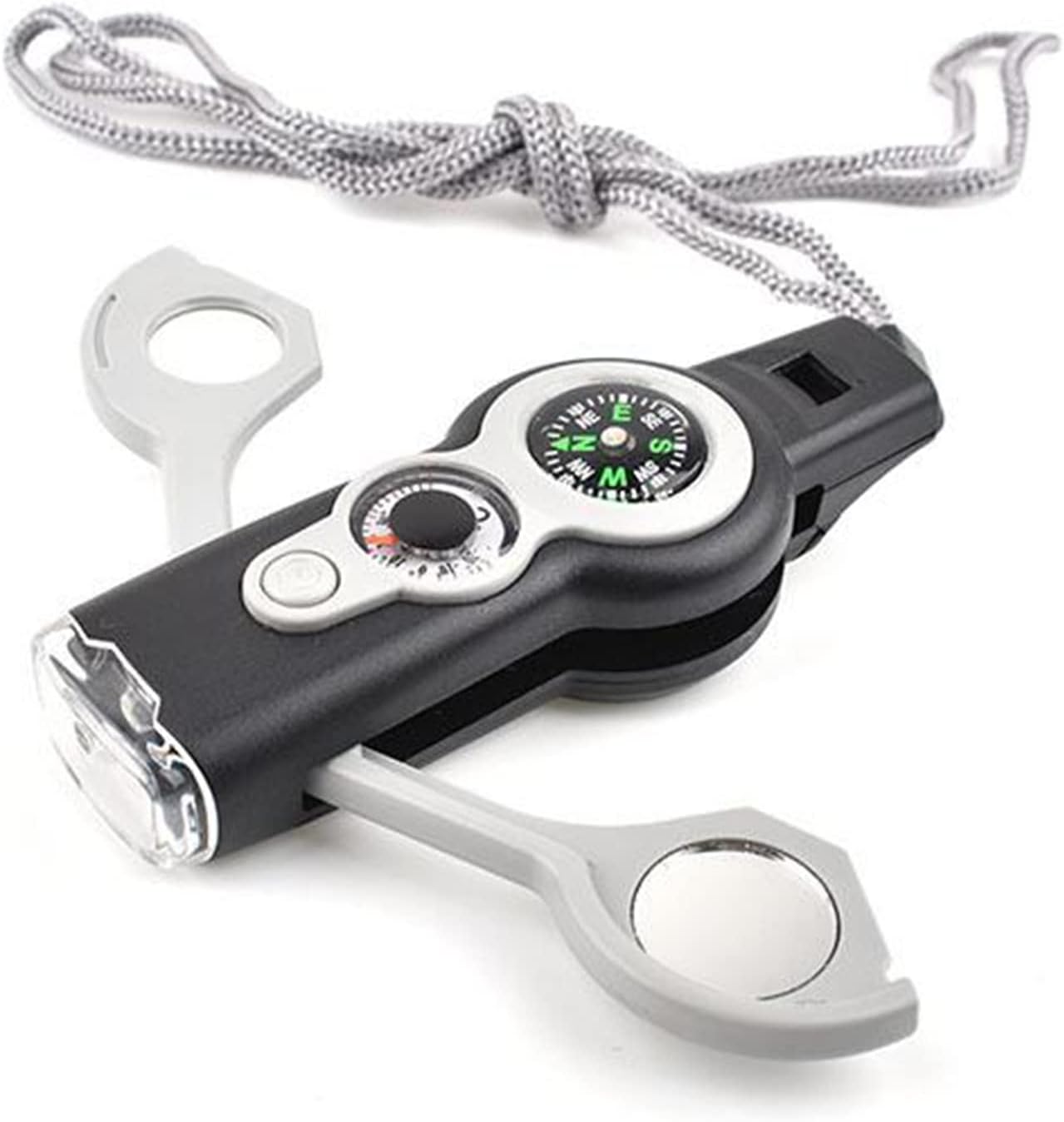 7 in 1 Multi-Function Compass, Outdoor Survival Safety Whistle Compass Thermometer LED Mirror Magnifying Glass Multitool for Camping, Hiking, Hunting, Fishing and Adventure 7 in 1 Multi-Function Compass, Outdoor Survival Safety Whistle Compass Thermometer LED Mirror Magnifying Glass Multitool for Camping, Hiking, Hunting, Fishing and Adventure