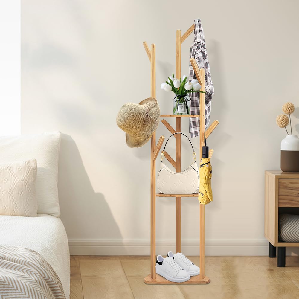 LANTUS Porte Manteau Pieds Bambou: Portant à Vêtements Solide avec Embase Stable Vestiaire Porte Manteau d'Entrée Charge max 15kg Idéal Pour Maison Chambre Salon -155 * 36 * 36cm-Couleur originale
