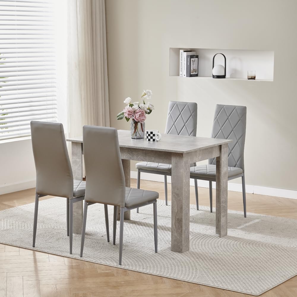 Homullel 110cm Dining Table and 4 Chairs, 4 Seater Kitchen Table and Chairs Set for Space Saving, Compact Dining Room Set for 4, 110x70 cm, Wooden, Beton Grey (4 Seaters, PU Gray #2)