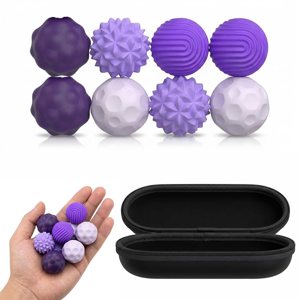 CleaZeny 8 Pcs Purple Magnetic Focus Spheres, Adult Stress Relief Hand Massagers, Quiet Silicone Tactile Desk Accessories & Grip Exercisers for Office Wellness