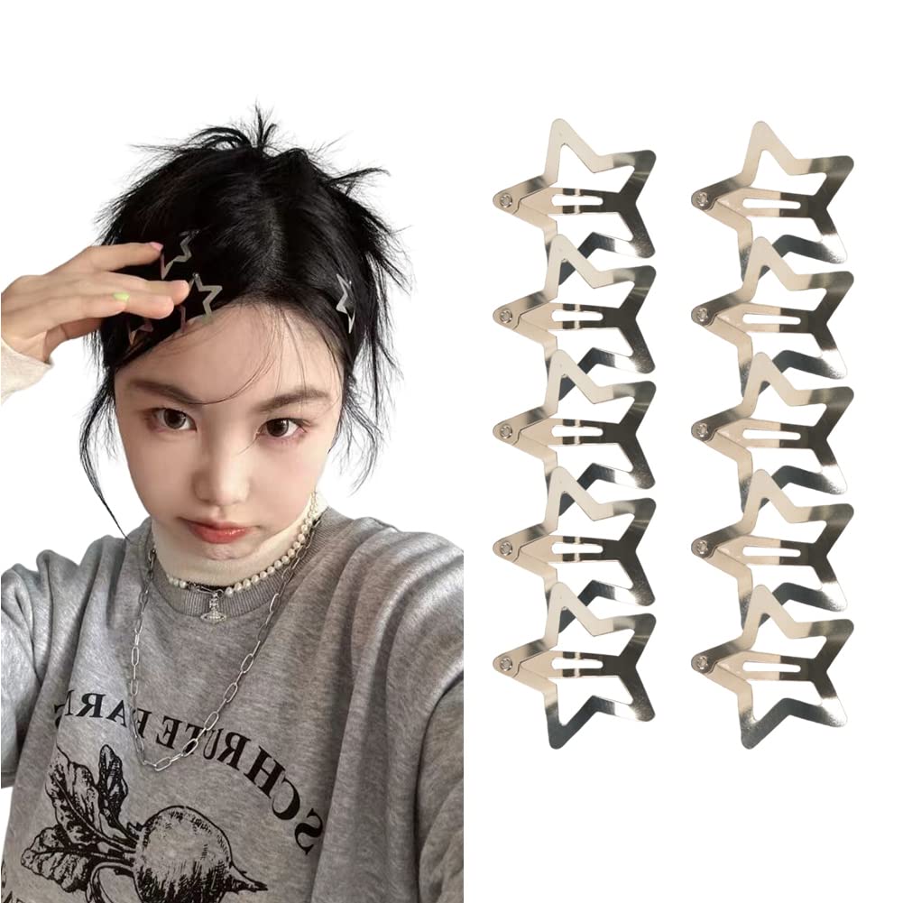 Star Snap Hair Clips Silver Y2K 2000s 10 Pieces Girls Hair