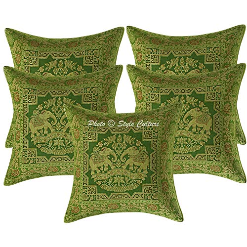 Image of Decorative Brocade Cushion Covers 16x16 Inch Banarasi Jacquard Weave Olive Green & Gold Living Room Elephant Traditional Square 40x40 cm Zippered Sofa Settee Pillowcases -Set of 5 Pcs