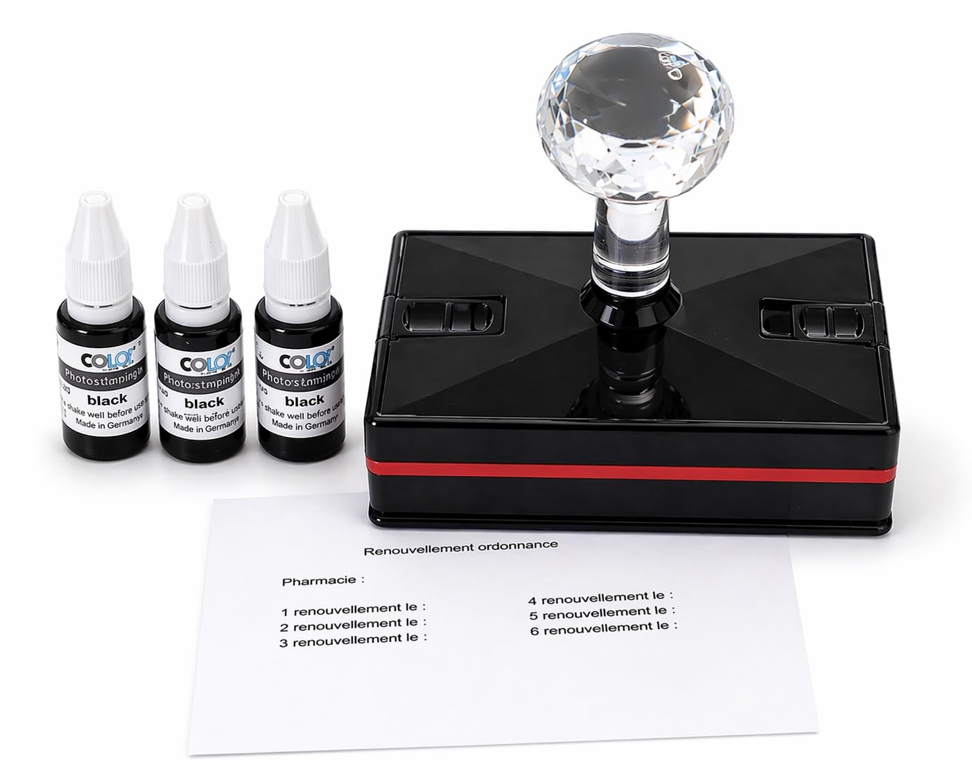 Tampon Renouvellement Ordonnance pharmacie – Tampon Encreur Automatique 6 Renouvellements – Kit avec 3 Encres Noires – Impression Nette et Rapide – Usage Professionnel Officine et Cabinet Médical